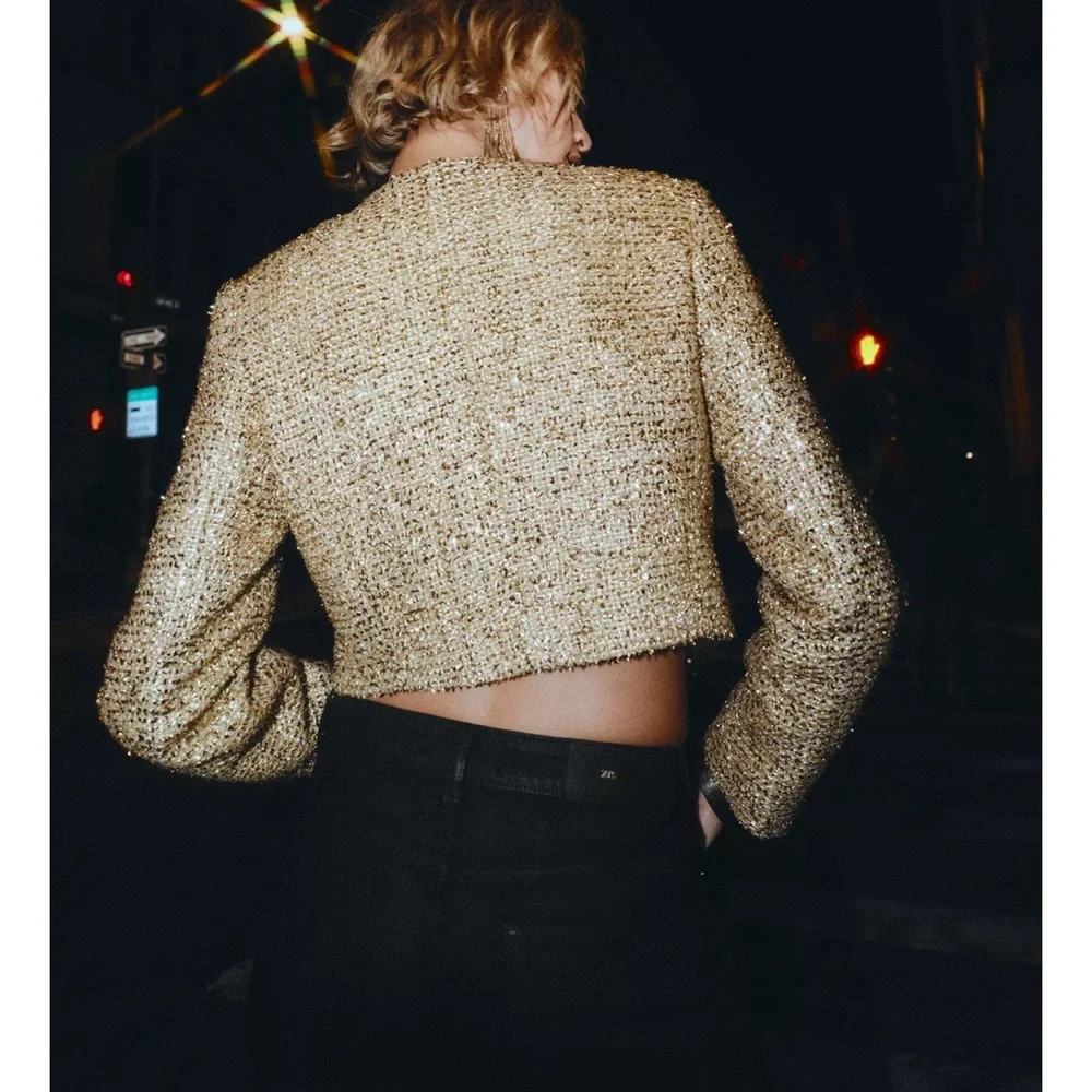 Zara METALLIC THREAD TEXTURED CROPPED JACKET